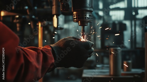 Powerful electric drilling machine in a close up shot held by a workers gloved hands focused on drilling through metal with sparks flying and a workshop setting in the background