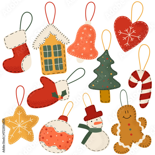 Set of felt Christmas ornaments in different shapes, including stocking, house, tree, bell, snowman, candy cane, star, mitten, bauble, gingerbread man and heart.