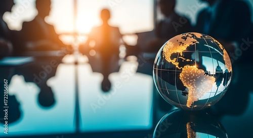 A glass globe sits on a reflective table during a business meeting with blurred figures in the background, bathed in warm sunlight.