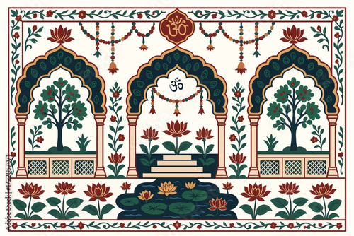 Pichwai Arch Garden Lotus Motifs and Palace Design