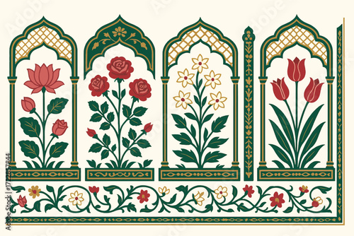 Mughal Flower Plant Vector Illustration with Ornamental Floral Motifs