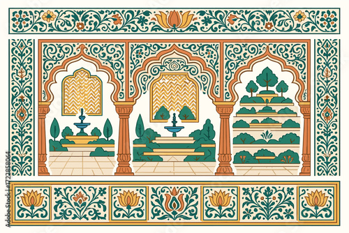 Rajasthani Art Vector Illustration with Ornamental Folk Motifs and Palace Elements