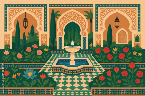 Traditional Moroccan Garden Vector Illustration with Ornamental Fountains and Floral Symmetry