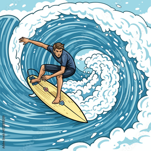Catch the wave dude, brave surfer riding a huge wave with skill and style, an epic ocean adventure, feel the thrill of surfing on a sunny day at the beach
