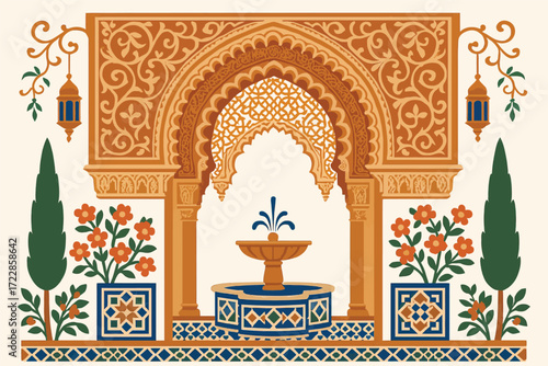 Andalusia Arch Vector Illustration with Ornamental Tiles and Garden Motifs