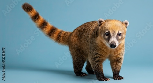 A detailed studio shot of a coati, showcasing its distinctive features and markings against a blue backdrop.