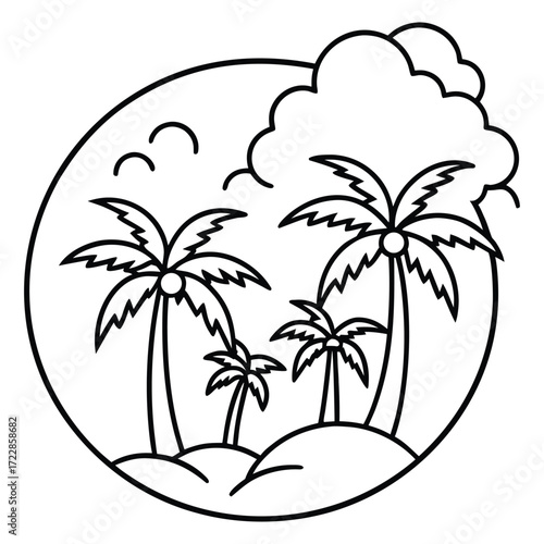 Black and white line art tropical island scene palm trees