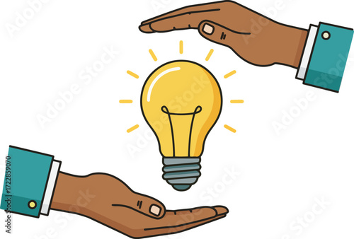 Creative business solution concept with two hands carefully protecting a glowing light bulb, symbolizing innovation and intellectual property