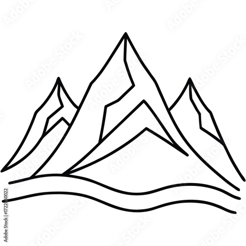 Black outline of three mountain peaks and wavy lines