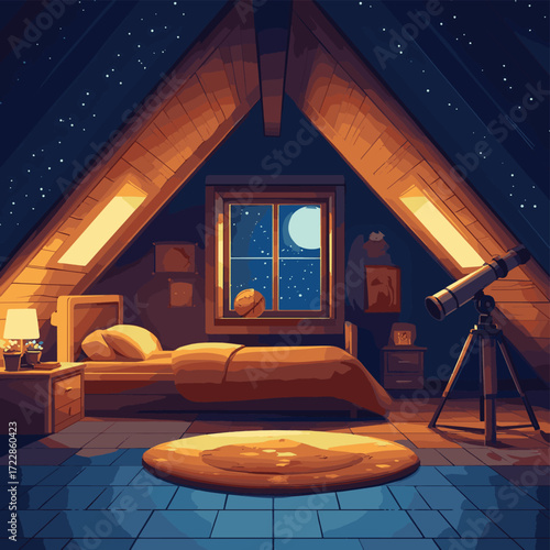 Night attic kid bedroom interior cartoon vector background