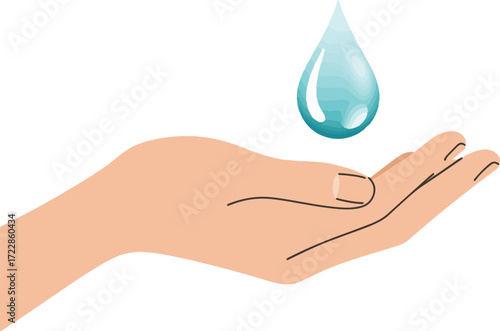 Conceptual illustration of a human hand catching a single pure water droplet, symbolizing conservation, sustainability, and the value of clean resources