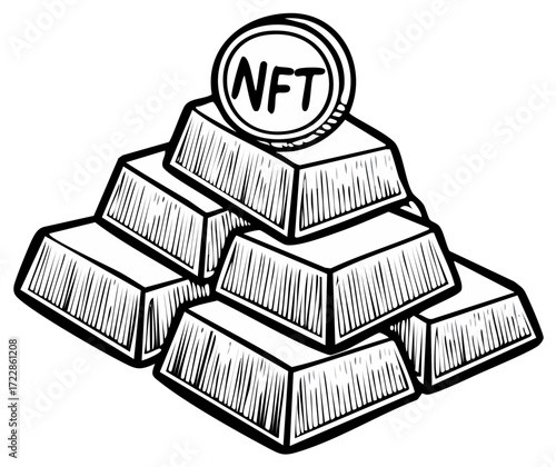 Black and white sketch of NFT coin atop a pyramid of gold ingots representing digital asset investment.