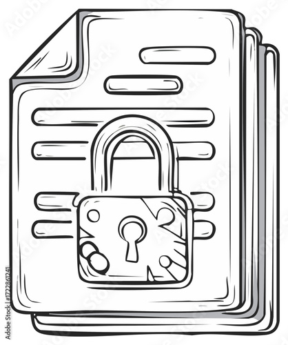 Hand drawn illustration of secure documents with a padlock, symbolizing data protection and confidential information access