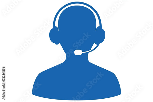 Vector art of blue silhouette of a person with a headset, representing customer service, support, or a call center agent ideal for illustrating communication