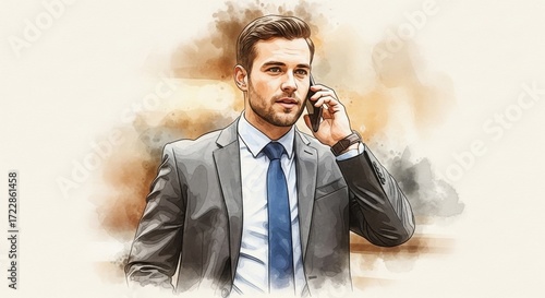 Businessman in Suit Talking on Phone Watercolor Illustration