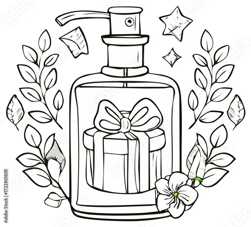 Black and white perfume bottle with a gift inside decorated with flower and leaves. Starry and festive decoration for any design.