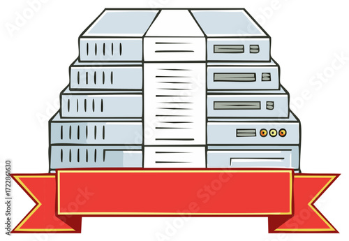 Cartoon image of servers stacked with blank banner