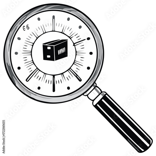 Magnifying glass reveals package or box inside gauge display cartoon graphic