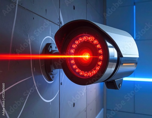 A surveillance camera, emitting a red beam, is mounted on a concrete wall with a circle diagram, and a neon blue light in the background