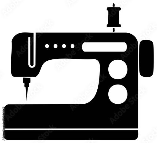 Modern sewing machine with thread spool black silhouette for textile crafting and fashion design