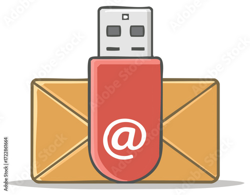 Digital communication concept with USB flash drive and email envelope illustration