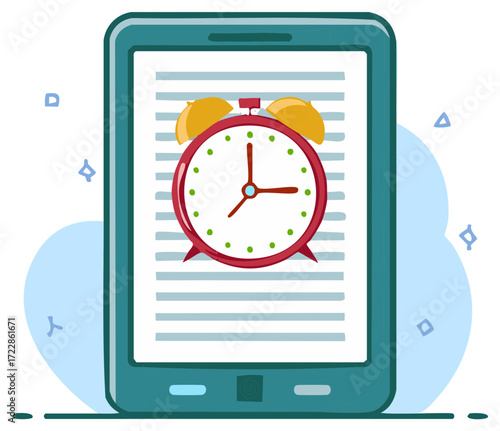 Alarm Clock on an Ebook Reader Screen Representing a Deadline or Reading Schedule