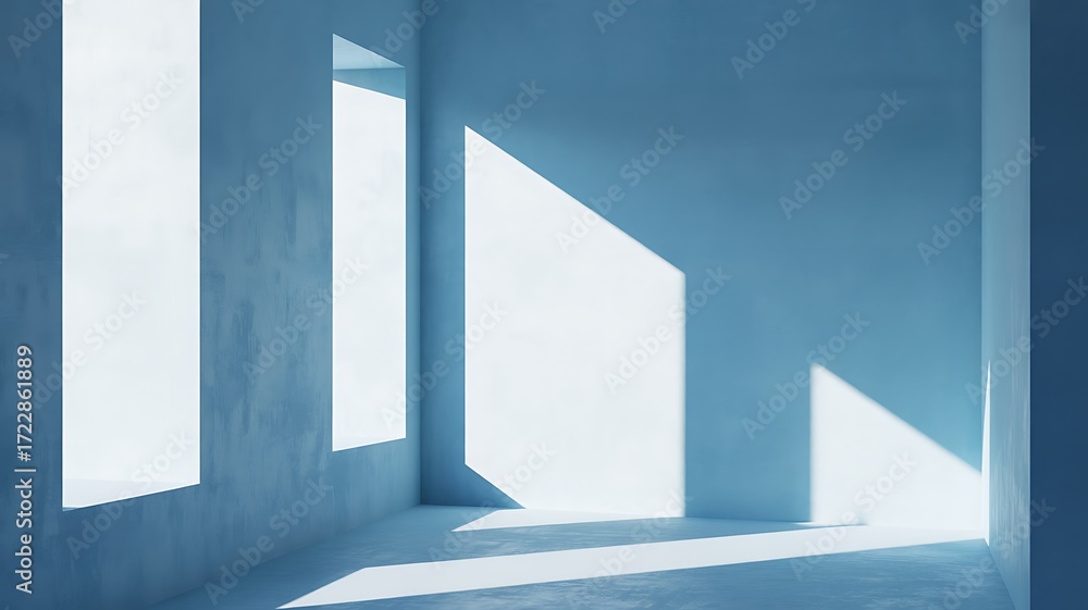 Obraz premium Serene blue room bathed in bright geometric sunlight creating a peaceful, minimalist atmosphere.