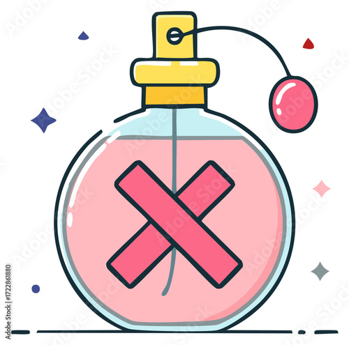 Vibrant pink perfume bottle with a clear prohibition cross mark for fragrance restrictions or unsafe ingredients