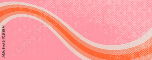 Pink swirl groovy background with stripe and halftone texture. Line groovy pattern pink color
