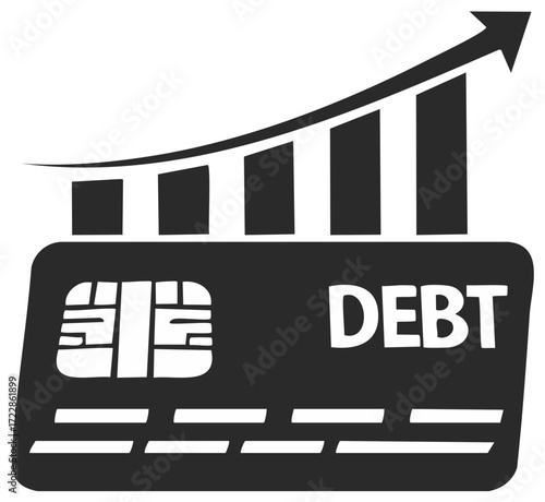 Rising debt shown by a credit card with a bar graph pointing upwards symbolizing increased financial burdens