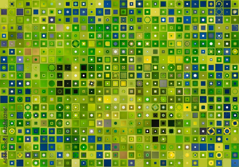 Fototapeta premium A bright mosaic of squares and circles in shades of green, yellow, blue, brown, and purple creates a textured abstract background with a pattern.