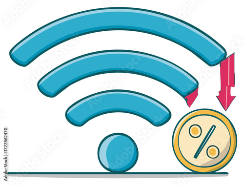 Weakening WiFi Signal Strength with a Downward Arrow, Percentage Decline on Coin, Reduced Network Coverage