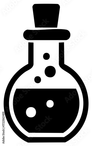 Black and White Potion Bottle Illustration with Bubbles and Liquid
