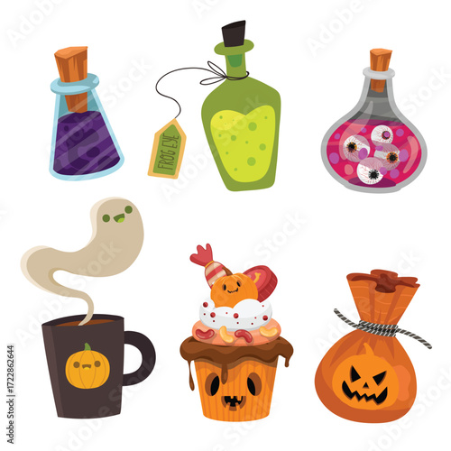 Halloween icon set includes poison bottle, coffee cup and spooky cake, cute vector design with a bit of spooky. Suitable for Halloween stickers, posters, invitations or social media design.