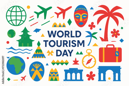 World Tourism Day Democratic Republic of the Congo Vector Wallpaper with Travel Icons and Cultural Symbol