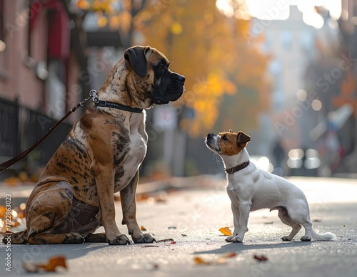 Fototapeta Naklejka Na Ścianę i Meble -  A large, brindle dog sits, facing a smaller white/brown dog who looks up, on a street with fallen leaves and blurred buildings behind