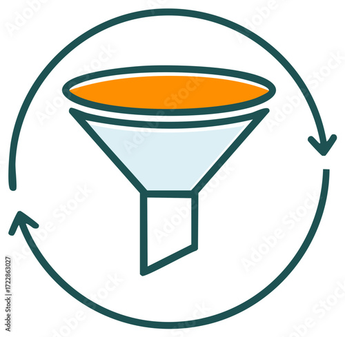 Filtering funnel with circular arrow depicting data process refinement or conversion cycle icon