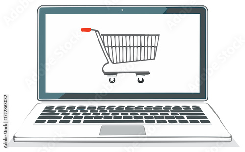 Laptop displaying a shopping cart icon symbolizing online shopping and e-commerce activity