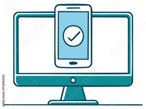 Desktop computer monitor showcasing a mobile phone screen with check mark icon demonstrating sync process digital illustration