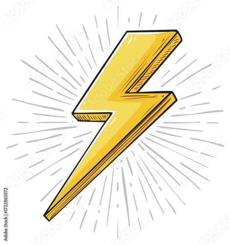 Vibrant Hand Drawn Yellow Lightning Bolt Symbol with Radiating Energy Lines