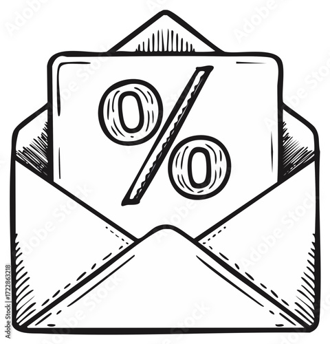 Hand drawn sketch of an open envelope with a percentage sign letter for sales and discounts