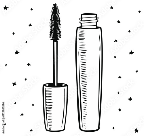 Mascara tube with brush applicator and scattered star design illustration