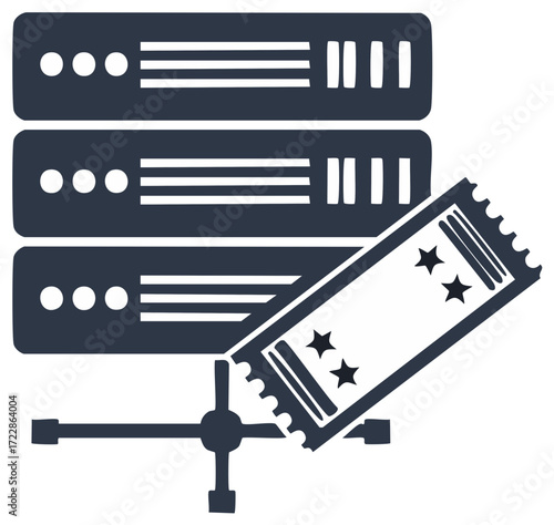 Data servers and event ticket icon representing online booking and secure digital access