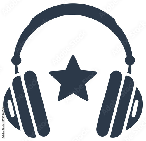 Dark blue graphic headphones with star symbol representing audio or music.