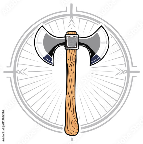 Viking double-bitted battle axe weapon illustration on a circular fantasy emblem