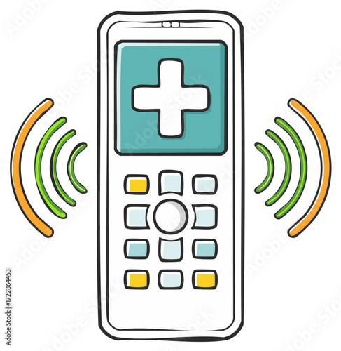 Mobile phone application for telehealth with white cross icon and radio waves concept for communication vector illustration