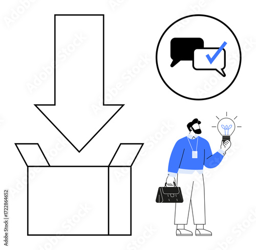 Open cardboard box with a downward arrow, speech bubbles with a checkmark, and a businessman holding a lightbulb as a symbol of innovation. Ideal for creativity, problem-solving, decision-making