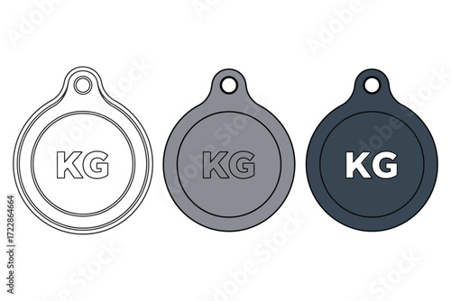 Vector art of three dog tags with the letters kg on them, one in outline, one in gray, and one in dark blue the tags are all round with a small hole at the top