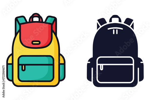 Vector art of two backpacks, one colorful and one black, the colorful backpack is yellow, red, and green, while the black backpack is a solid dark color
