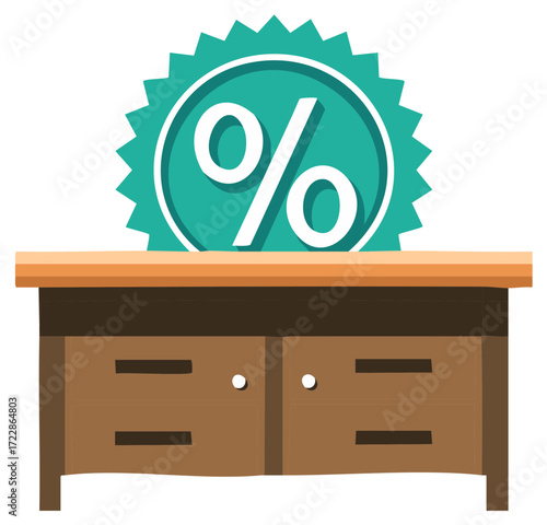 Sale discount percentage sign on top of a dresser with drawers and cabinet doors
